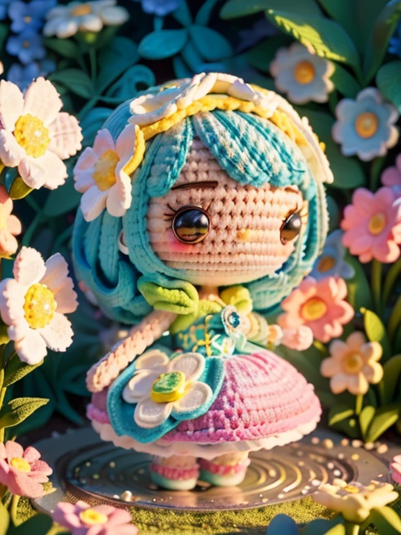 ((Fairytale)), ((The cute power puff girl illustration drawn)), largeeyes, Round eyes, eyes glowing, (a variety of poseeautiful garden in the background, Colorful flowers bloom, Pink, blue and yellow flowers. bathed in light, The floor studded with sparkling jewels. The light of diamonds and the light of emeralds spread out beautifully like stars.