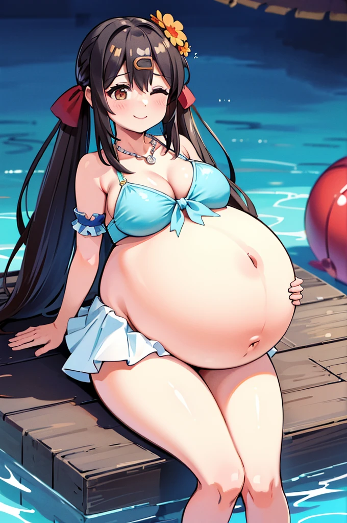 masterpiece,best quality,highres,ultra-detailed,ccmihari,long hair,multicolored hair,twintails,bangs,hair between eyes,hairclip,hair flower,hair ribbon,necklace,bikini,front-tie bikini top,wrist scrunchie,white bikini skirt,anklet,barefoot,pool,sitting,smile, big belly, huge belly, vore, big belly, (big belly:1.7), (large belly:1.7), large belly, huge large belly, hermoso, obra maestra, mejor calidad, cara extremadamente detallada, perfect ilumination, hyper pregnant, (hyper pregnat:1.6), 1girl, solamente, (manos perfectas, Perfect anatomy), Masterpiece 8k, (belly con forma humana:1.3) , one eyes close , sonrojo, muslos anchos, caderas anchas, boca abajo, acostada, acostada sobre barriga, hermoso, obra maestra, mejor calidad, cara extremadamente detallada, perfect ilumination, 1girl, solamente, (manos perfectas, Perfect anatomy), Masterpiece, 8k, , cara detallada, (cara detallada;1.4), sonrojo, sonrisa, manos perfectas, perfect belly