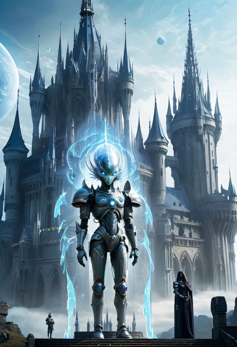 Translucent ethereal alien warrior,In the background is a huge high-tech mobile Gothic castle,a space station,Medieval style architecture