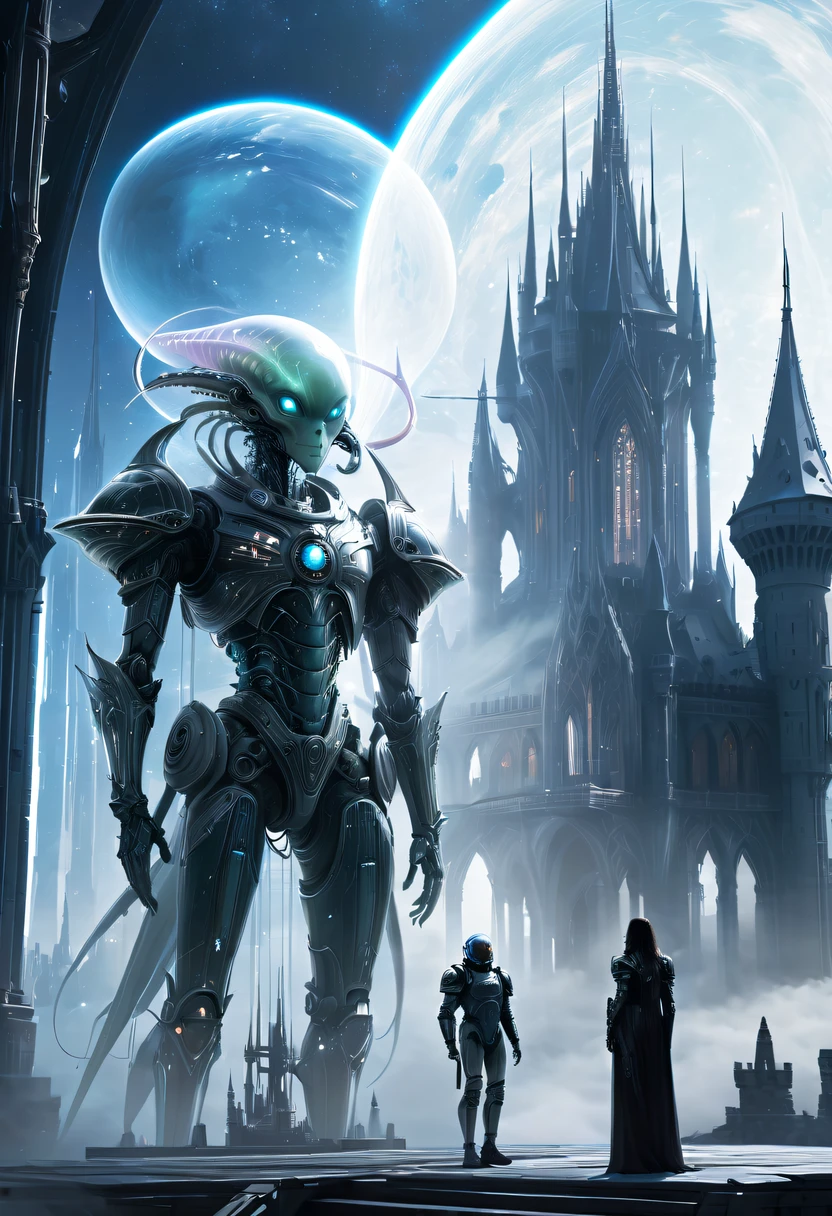 Translucent ethereal alien warrior,In the background is a huge high-tech mobile Gothic castle,a space station