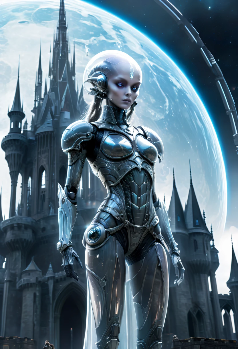 Translucent ethereal alien warrior,In the background is a huge high-tech mobile Gothic castle，a space station
