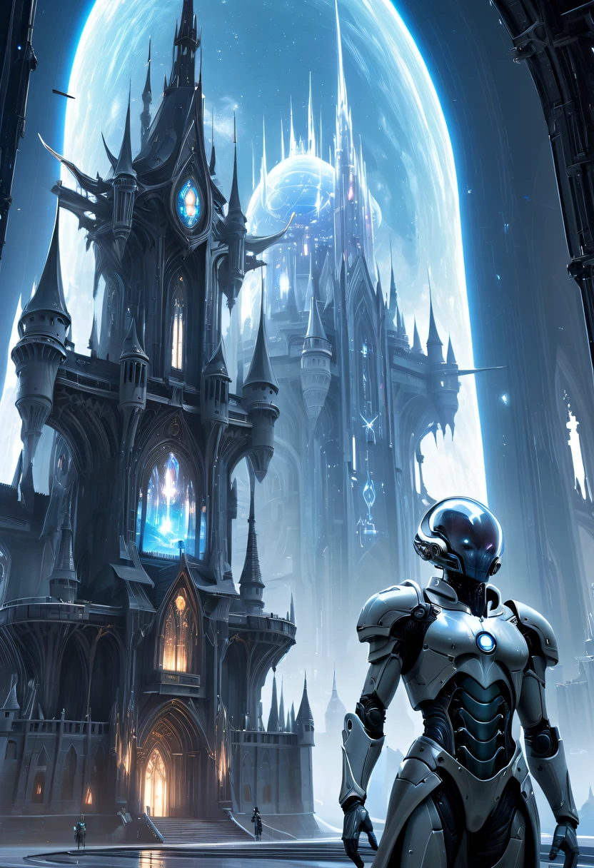 Translucent ethereal alien warrior,In the background is a huge high-tech mobile Gothic castle，a space station