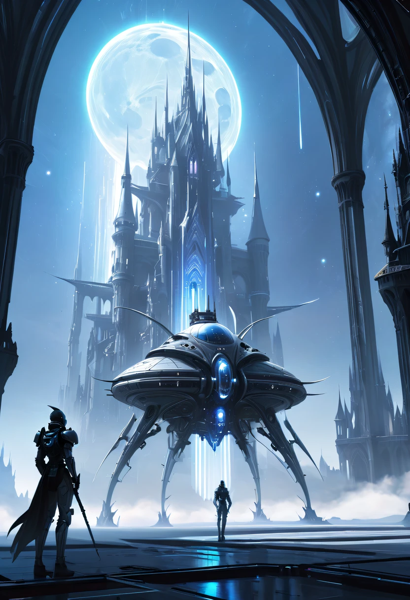 Translucent ethereal alien warrior,In the background is a huge high-tech mobile Gothic castle，a space station