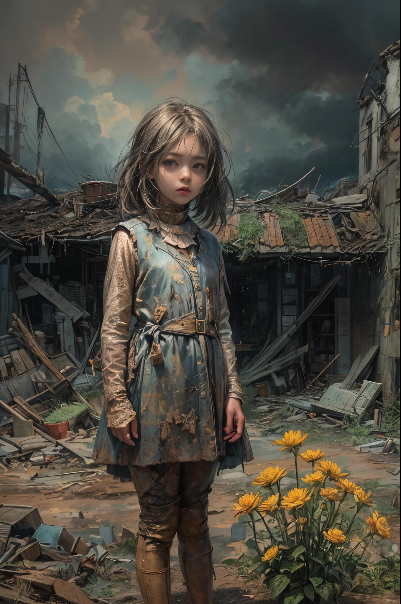 "Oil painting, ((resilient)) girl standing amidst nuclear wasteland ruins, delicate flowers emerging from the desolation, ominous clouds casting shadows, ((haunting beauty)), post-apocalyptic masterpiece"