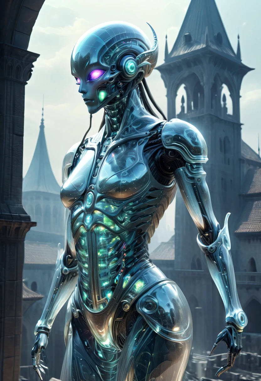 Translucent ethereal alien warrior，Spectacular high-tech space landscape,The integration of future technology and medieval cities,Medieval ancient palace,Medieval ancient bell tower,medieval antiquity,Translucent ethereal alien warrior，model shoot style, (extremely detaild的 CG unified 8k wallpapers), The beauty of abstract style,，hyper realisitc, 8K, super detailing, Best quality at best, Award-Awarded, Anatomically correct, 16k, super detailing,Sparkling neon lights,cosmic energy field,