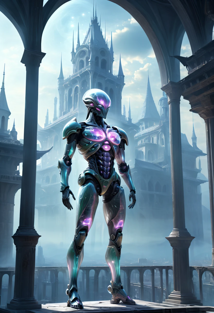 Translucent ethereal alien warrior,Spectacular high-tech space landscape,The integration of future technology and medieval cities,Medieval ancient palace,Medieval ancient bell tower,medieval antiquity,Translucent ethereal alien warrior,model shoot style, (extremely detaild的 CG unified 8k wallpapers), The beauty of abstract style,,hyper realisitc, 8K, super detailing, Best quality, Award-Awarded, Anatomically correct, 16k, super detailing,Sparkling neon lights,cosmic energy field,