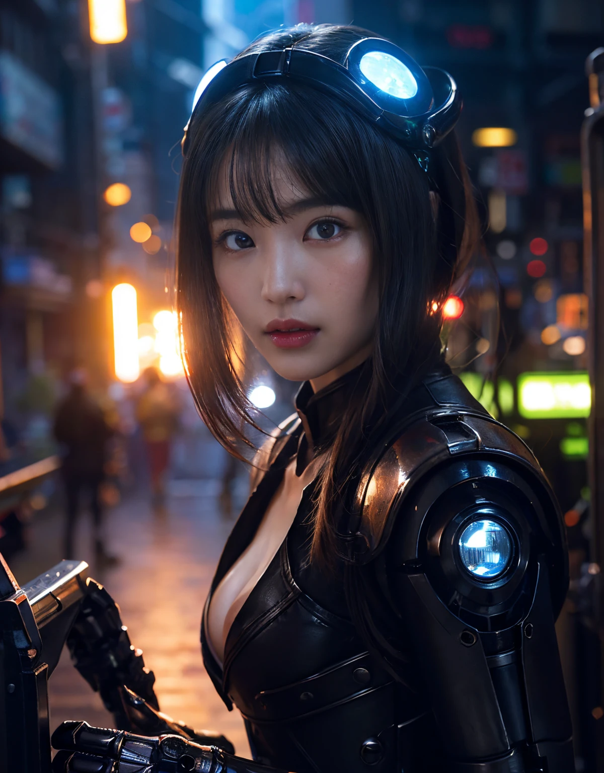 (1 mechanical girl and 1 alien)、（Mystical expression）、top-quality、​masterpiece、超A high resolution、(Photorealsitic:1.4)、Raw photo、女の子1人、glowy skin、(((1 Mechanical Girl)))、((transparent crystal suit bodysuit、The body can be seen through)).(Natural alien background to fight aliens)、(Small LED)、((super realistic details))、vertical giant monster background),globalillumination、Shadow、octan render、8K、ultrasharp、Robot background、Colossal tits、Raw skin exposed in the cleavage、red metal、Details of complex ornaments、Japan details、highly intricate detail、Realistic light、(Mystical expression),CG Society Trenlow Eyes、Eyes shining towards the camera、Mechanical marginal blood vessels connected to neon detail tubes)、(Wires and cables connecting to the head)、Small LED、,Mechanical thighs、Toostock、（Hands are also made of machines）、机器人、future alien、Please wear a mechanical helmet、