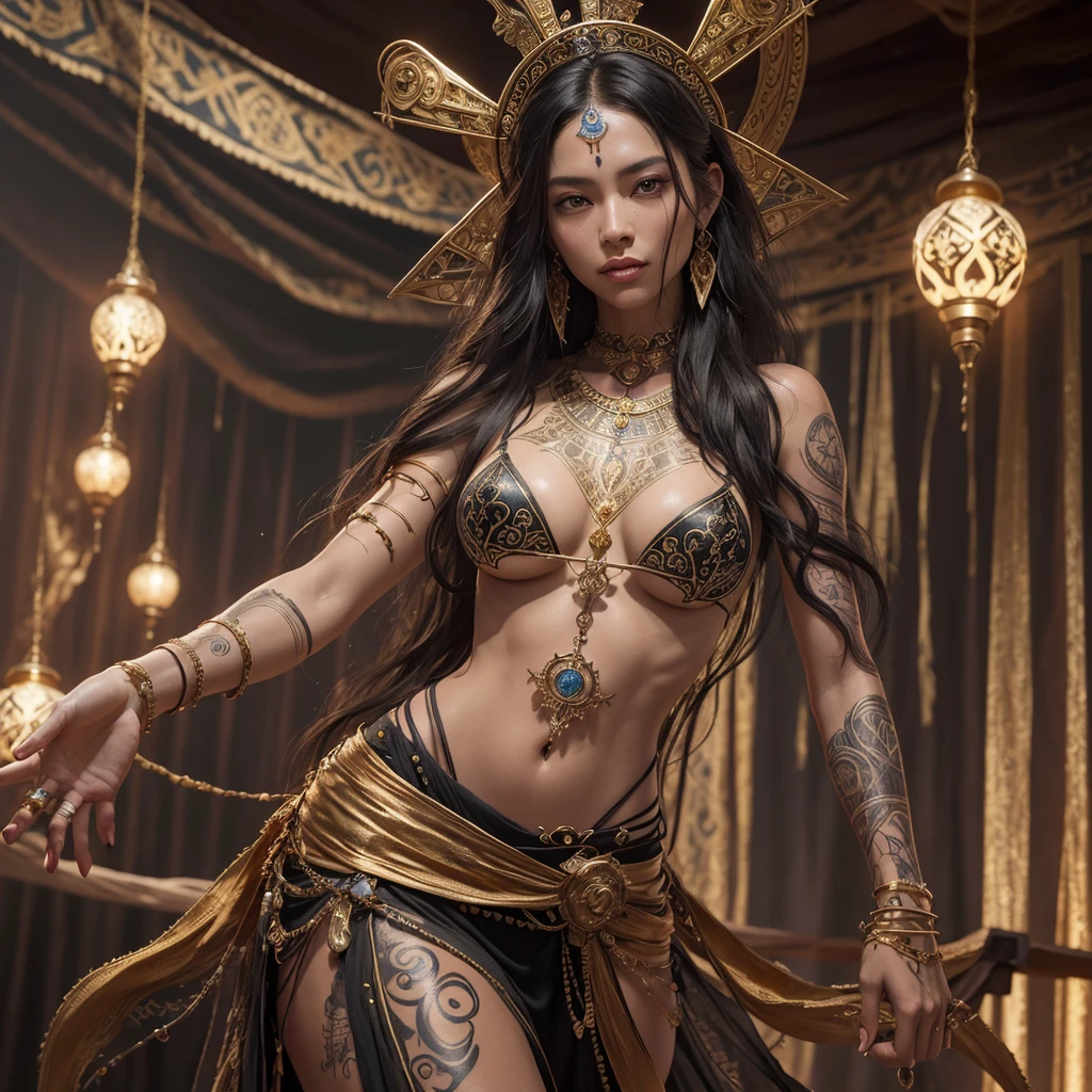 tarot card fortune-teller, beautiful woman, boho-style, gold tattoos, long hair, tan skin, dynamic pose, intricate, highly detailed, a masterpiece, 8k resolution, dark fantasy concept art, dynamic lighting, hyperdetailed, intricately detailed, Splash screen art, trending on Artstation, deep color, Unreal Engine