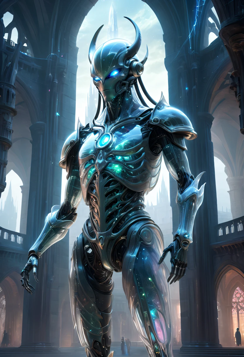 Translucent ethereal alien warrior，Spectacular high-tech space landscape,The integration of future technology and medieval cities,Medieval ancient palace,Medieval ancient bell tower,medieval antiquity,Translucent ethereal alien warrior，model shoot style, (extremely detaild的 CG unified 8k wallpapers), The beauty of abstract style,，hyper realisitc, 8K, super detailing, Best quality at best, Award-Awarded, Anatomically correct, 16k, super detailing,Sparkling neon lights,cosmic energy field,