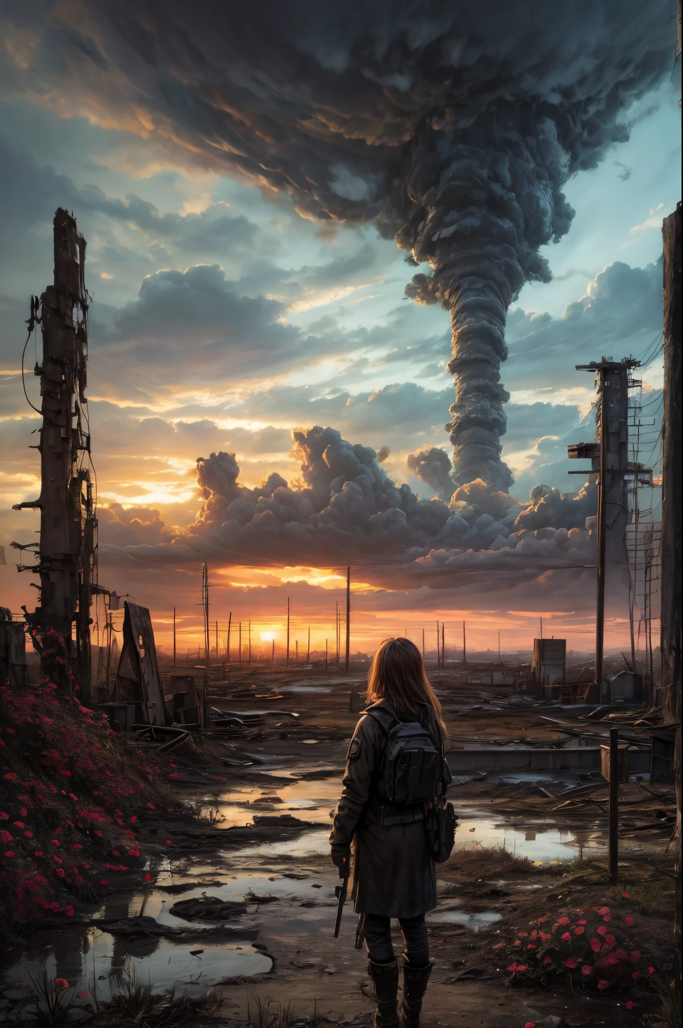 "Oil painting, ((resilient)) girl standing amidst nuclear wasteland ruins, delicate flowers emerging from the desolation, ominous clouds casting shadows, ((haunting beauty)), post-apocalyptic masterpiece"