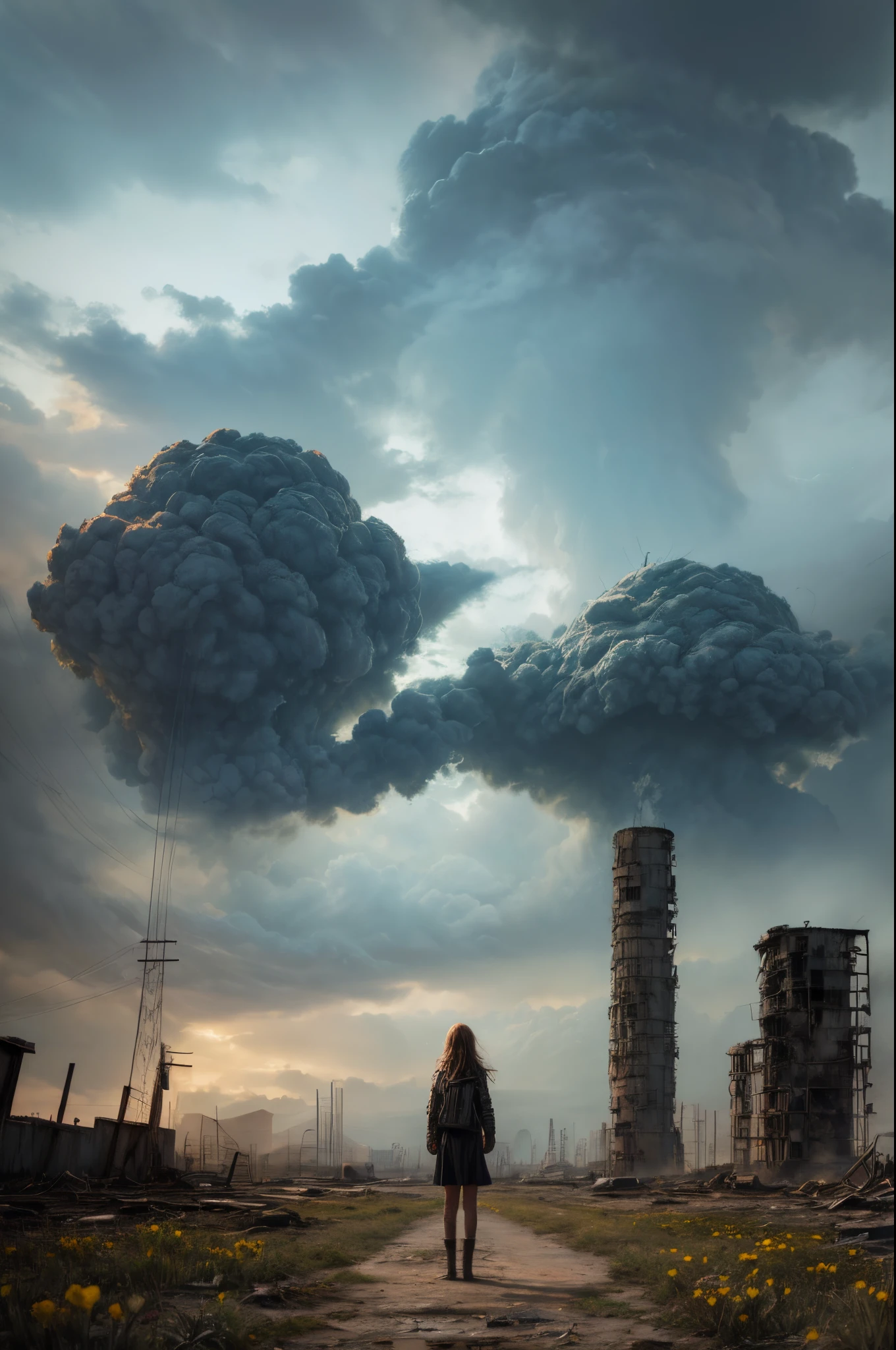 "Oil painting, ((resilient)) girl standing amidst nuclear wasteland ruins, delicate flowers emerging from the desolation, ominous clouds casting shadows, ((haunting beauty)), post-apocalyptic masterpiece"