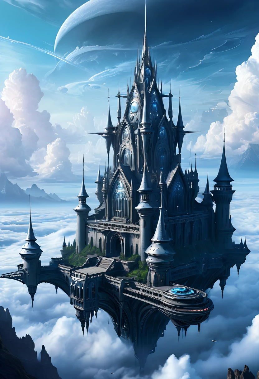 (Translucent ethereal alien warrior:1.5),Above the clouds,Interstellar voyage,Huge high-tech floating Gothic castle,Above the clouds,Huge mobile Gothic castle,Floating Gothic castle,(Sea of Clouds:1.3),Futuristic alien warrior futuristic floating castle and futuristic futuristic floating castle background, inspired by Marek Okon, Beautiful sci-fi art, Sci-fi digital art illustration, Digital Cyberpunk Art, science fiction digital painting, futuristic digital painting, futuristic concept art, Sci-fi floating castle landscape ahead, science fiction digital art, Advanced digital cyberpunk art, Amazing cyberpunk alien warriors