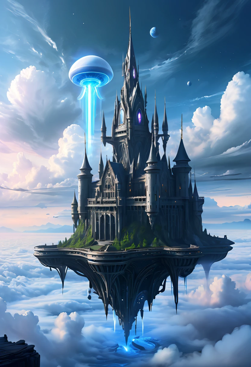 (Translucent ethereal alien warrior:1.5),Above the clouds,Interstellar voyage,Huge high-tech floating Gothic castle,Above the clouds,Huge mobile Gothic castle,Floating Gothic castle,(Sea of Clouds:1.3),Futuristic alien warrior futuristic floating castle and futuristic futuristic floating castle background, inspired by Marek Okon, Beautiful sci-fi art, Sci-fi digital art illustration, Digital Cyberpunk Art, science fiction digital painting, futuristic digital painting, futuristic concept art, Sci-fi floating castle landscape ahead, science fiction digital art, Advanced digital cyberpunk art, Amazing cyberpunk alien warriors