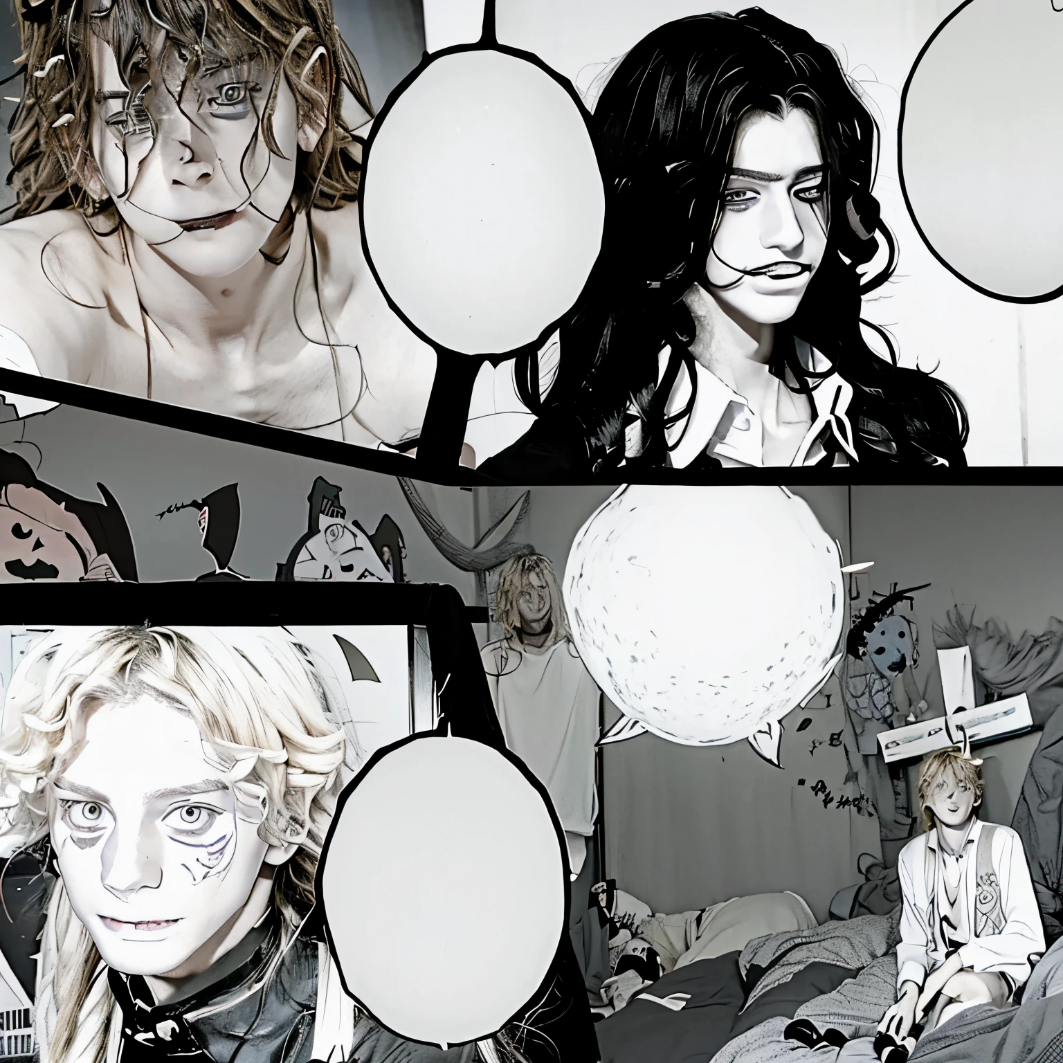 Manga halloween style, Three young men, long-haired boy, curly-haired boy, lo8 boyThree young men, long-haired boy, curly-haired boy, blond boy, beautiful Boys