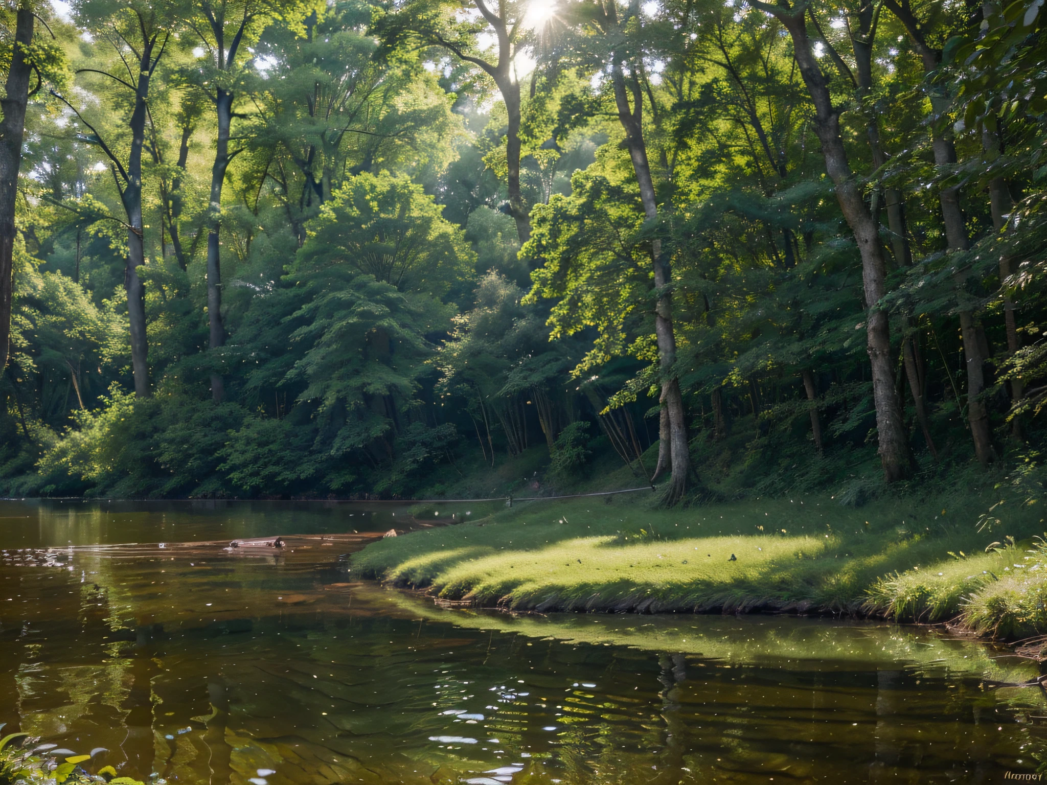Floresta,lago,natural,sereno,peaceful,Cintilante,Reflexivo,Vida selvagem,Generoso,abundante,luscious greenery,Tall trees,folhagem diversa,bela flora e fauna,atmosfera tranquila,paisagem majestosa,serene water surface,shimmering ripples,sunlight filtering through the trees,reflexos brilhantes no lago,Ambiente calmo e relaxante,ar fresco e fresco,Tesouros escondidos,caminhos secretos,Ventos sussurrantes,birds singing,Insetos zumbidos,leaves gently swaying,galhos farfalharem,deserto tranquilo,luz solar fraca,treetops,Tranquil Getaway,Sense of tranquility and peace,harmonia com a natureza,picturesque backdrop,an artist's paradise,(best quality,4k,8k,Altas,master part:1.2),ultra-detalhado,(Realistic,fotorrealista,photo-realistic:1.37),vivid colors,paleta de cores naturais,tons sutis de verde,quentes raios dourados de sol,tons suaves de azul e roxo,soft romantic lighting,hint of mist in the air,ethereal beauty.