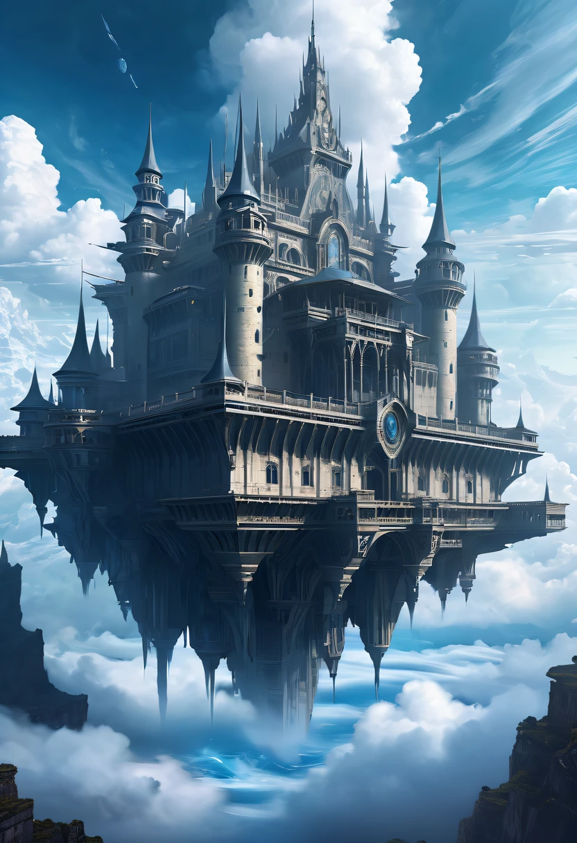 Above the clouds，Interstellar voyage，Huge high-tech floating medieval ancient palace，Above the clouds，Huge mobile medieval ancient palace，Floating ancient medieval palace，(Sea of Clouds:1.3)，Futuristic alien warrior futuristic floating medieval ancient palace and futuristic futuristic floating medieval ancient palace background, inspired by Marek Okon, Beautiful sci-fi art, Sci-fi digital art illustration, Digital Cyberpunk Art, science fiction digital painting, futuristic digital painting, futuristic concept art, Sci-fi floating medieval palace landscape ahead, science fiction digital art, Advanced digital cyberpunk art, Amazing cyberpunk alien warriors