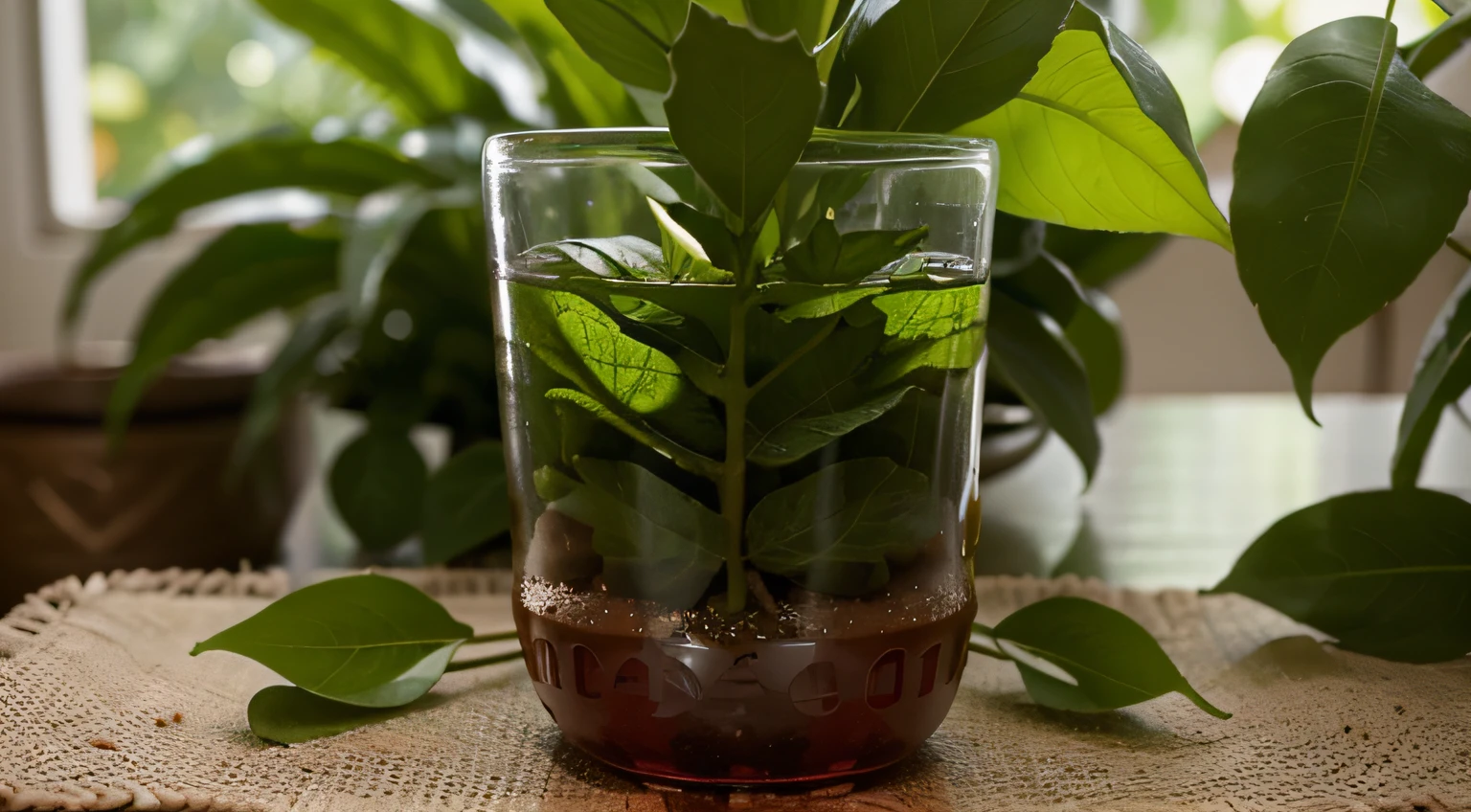 Imagem de (((Chá de Carqueja))), sendo colocado em copos transparentes, showing some ingredients of the composition of some leaves inside the cups. I really want clarity with every possible detail in this image.