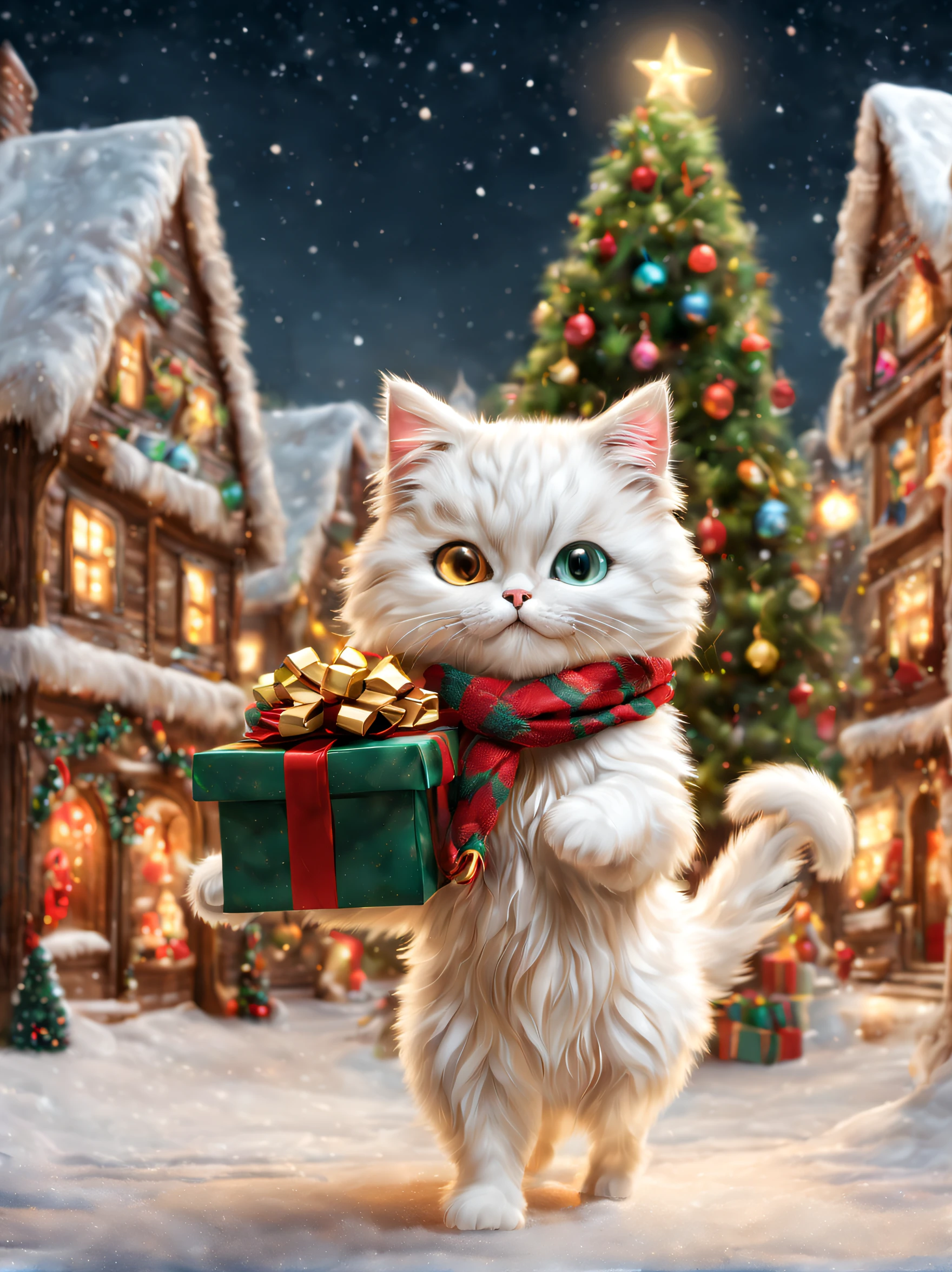 (Minuet with a scarf),holding a gift box in hand,Christmas Town,dance,jumpping,cute little,masterpiece,top-quality,Fluffy cat,Christmas Town,illuminations,Christmas tree,Santa's Hat,cute little,F,A delightful,tre anatomically correct,,photoRealstic,Cats,minuet,odd eye