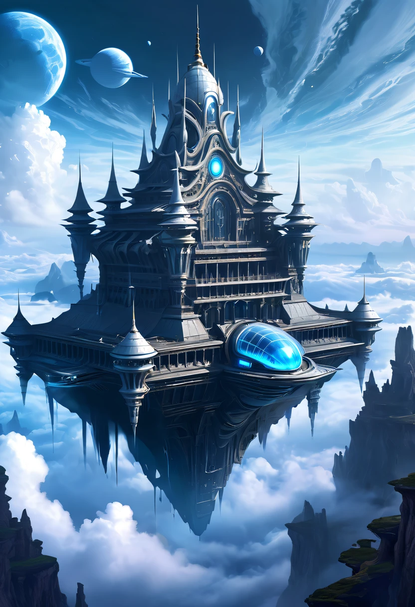 (Translucent ethereal alien warrior:1.5)，Above the clouds，Interstellar voyage，Huge high-tech floating medieval ancient palace，Above the clouds，Huge mobile medieval ancient palace，Floating ancient medieval palace，(Sea of Clouds:1.3)，Futuristic alien warrior futuristic floating medieval ancient palace and futuristic futuristic floating medieval ancient palace background, inspired by Marek Okon, Beautiful sci-fi art, Sci-fi digital art illustration, Digital Cyberpunk Art, science fiction digital painting, futuristic digital painting, futuristic concept art, The sci-fi floating medieval palace landscape ahead, science fiction digital art, Advanced digital cyberpunk art, Amazing cyberpunk alien warriors