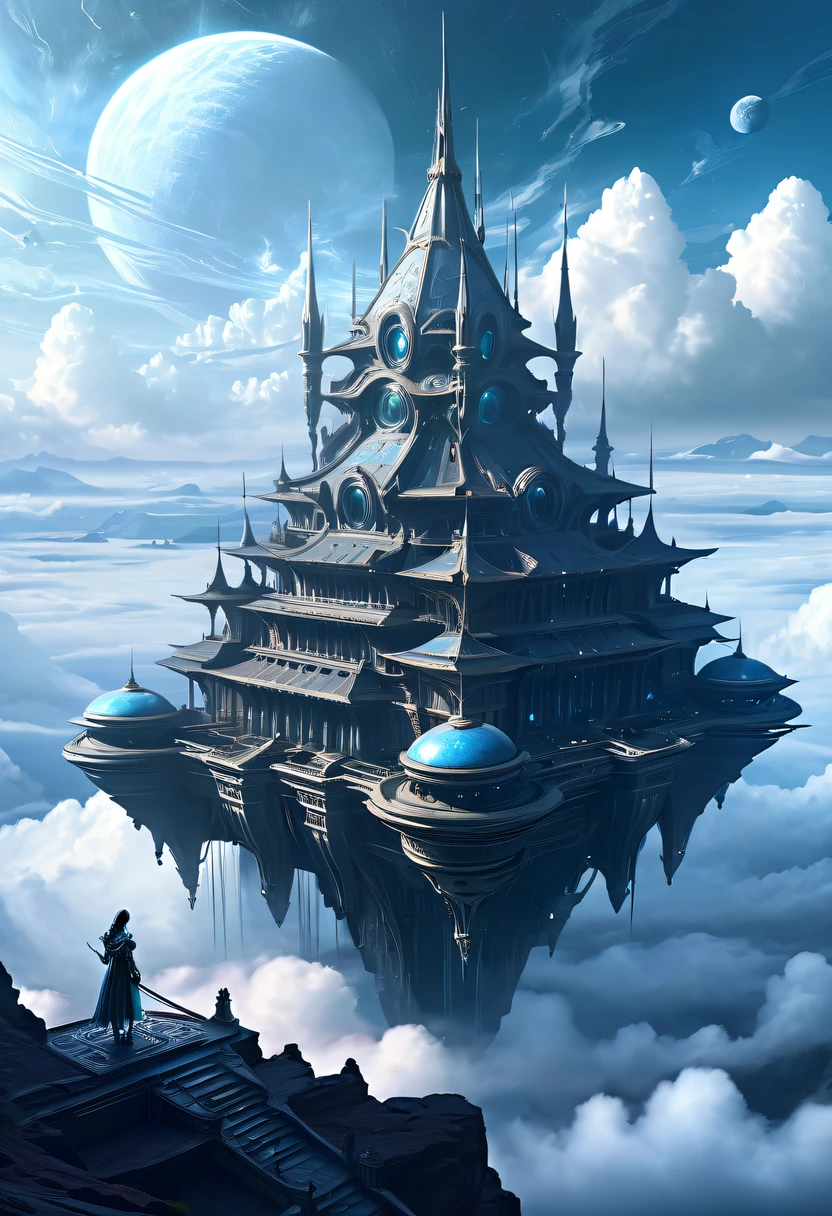 (Translucent ethereal alien warrior:1.5)，Above the clouds，Interstellar voyage，Huge high-tech floating medieval ancient palace，Above the clouds，Huge mobile medieval ancient palace，Floating ancient medieval palace，(Sea of Clouds:1.3)，Futuristic alien warrior futuristic floating medieval ancient palace and futuristic futuristic floating medieval ancient palace background, inspired by Marek Okon, Beautiful sci-fi art, Sci-fi digital art illustration, Digital Cyberpunk Art, science fiction digital painting, futuristic digital painting, futuristic concept art, The sci-fi floating medieval palace landscape ahead, science fiction digital art, Advanced digital cyberpunk art, Amazing cyberpunk alien warriors