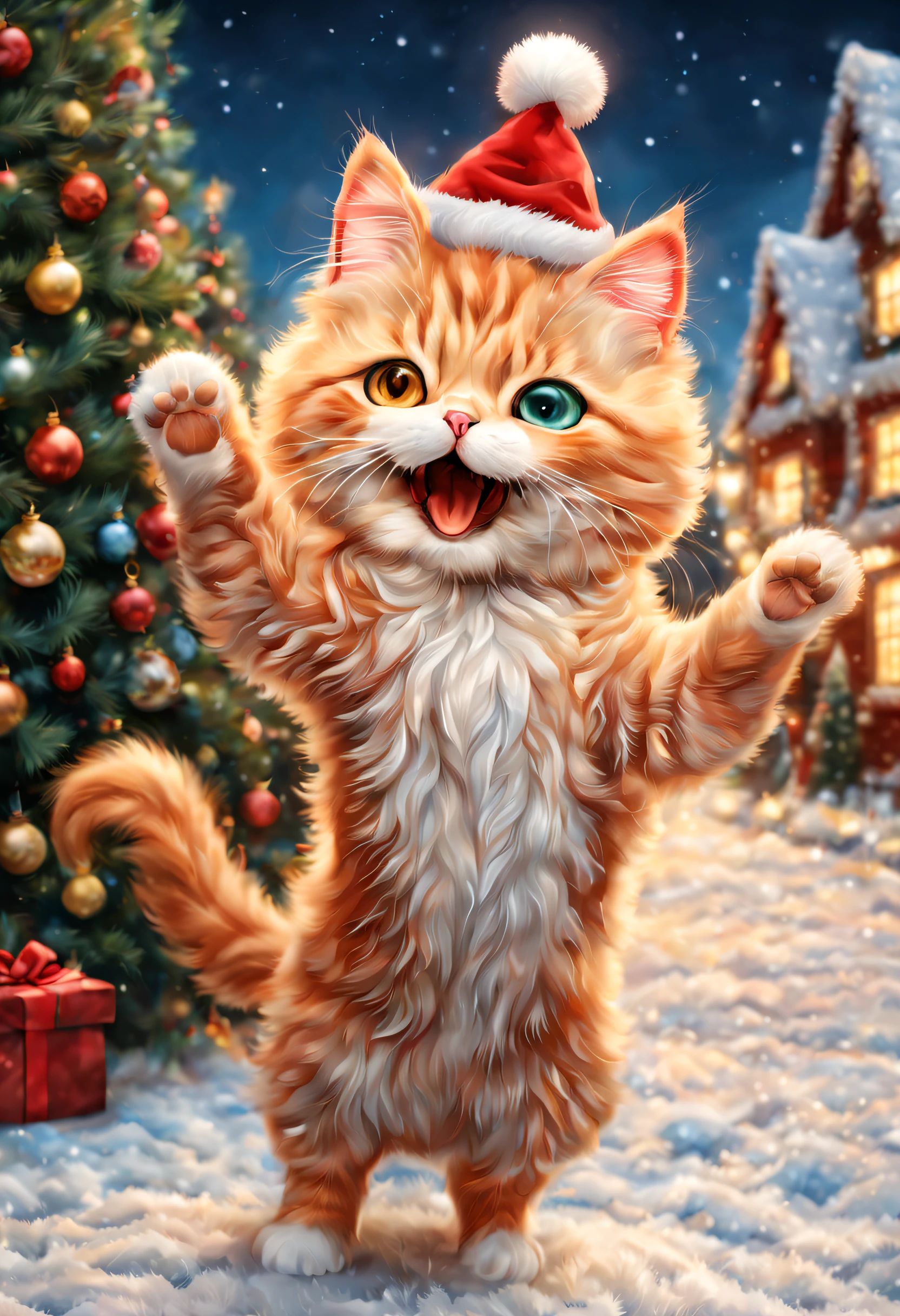 (dancing minuet),dance,Opening Mouth,Christmas Town,,cute little,masterpiece,top-quality,Fluffy cat,Christmas Town,illuminations,Christmas tree,Santa's Hat,cute little,F,A delightful,tre anatomically correct,,photoRealstic,Cats,minuet,odd eye