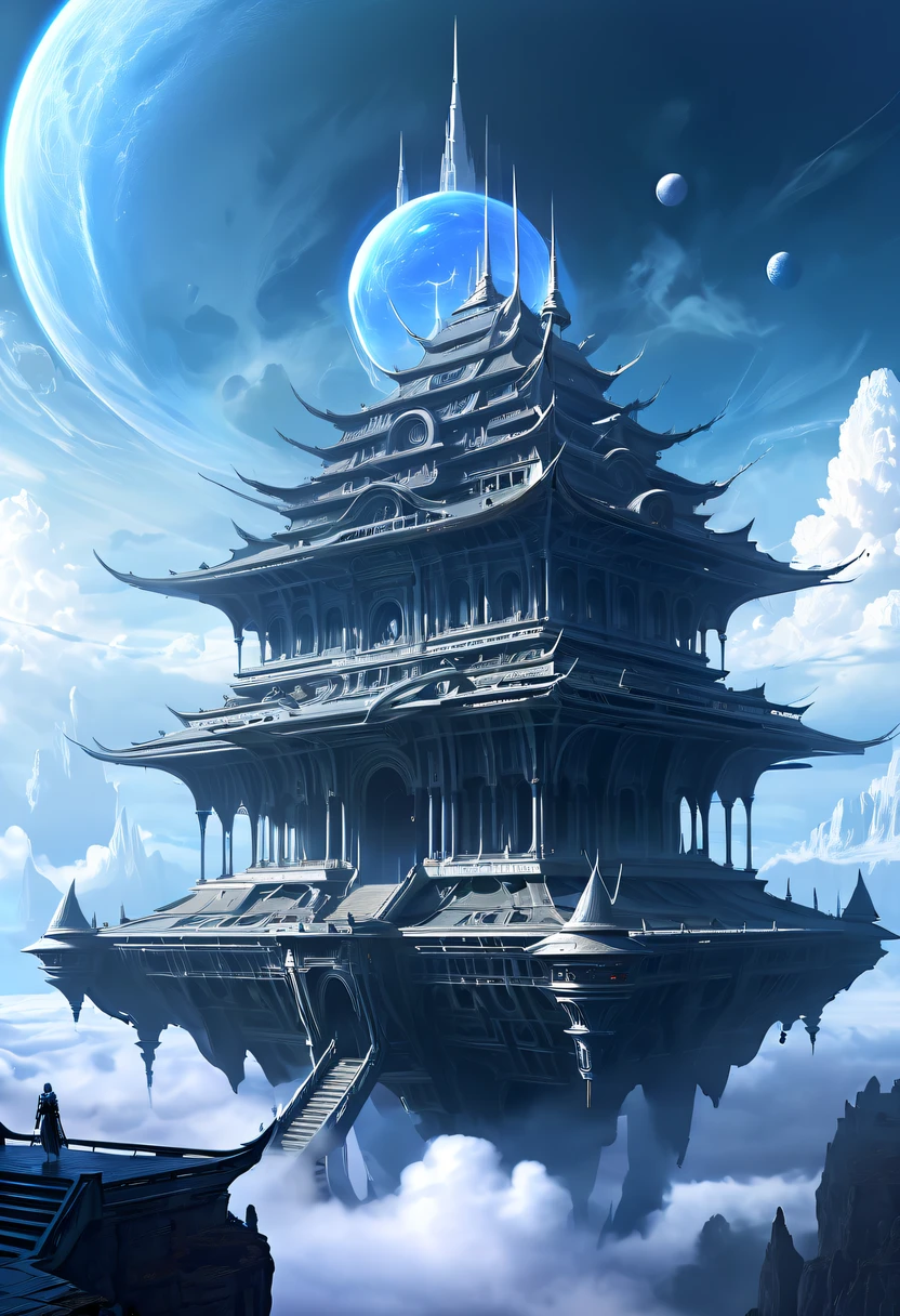(Translucent ethereal alien warrior:1.5)，Above the clouds，Interstellar voyage，Huge high-tech floating medieval ancient palace，Above the clouds，Huge mobile medieval ancient palace，Floating ancient medieval palace，(Sea of Clouds:1.3)，Futuristic alien warrior futuristic floating medieval ancient palace and futuristic futuristic floating medieval ancient palace background, inspired by Marek Okon, Beautiful sci-fi art, Sci-fi digital art illustration, Digital Cyberpunk Art, science fiction digital painting, futuristic digital painting, futuristic concept art, The sci-fi floating medieval palace landscape ahead, science fiction digital art, Advanced digital cyberpunk art, Amazing cyberpunk alien warriors