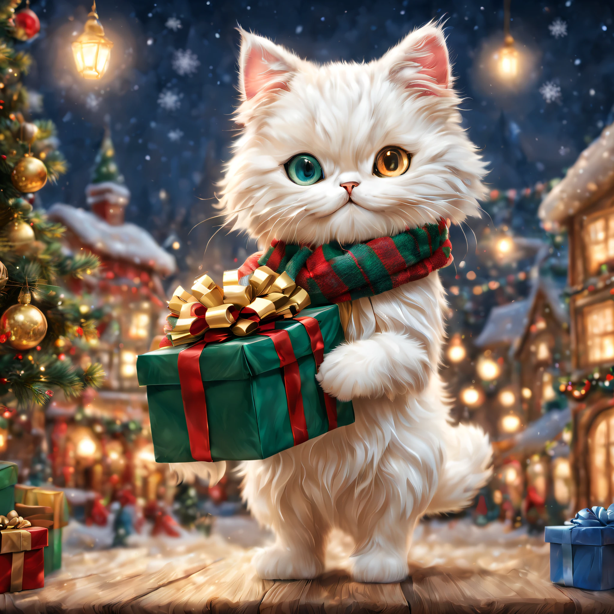 (Minuet with a scarf),holding a gift box in hand,Christmas Town,dance,jumpping,cute little,​masterpiece,top-quality,Fluffy cat,Christmas Town,illuminations,Christmas tree,Santa's Hat,cute little,F,A delightful,tre anatomically correct,,photoRealstic,Cats,minuet,odd eye