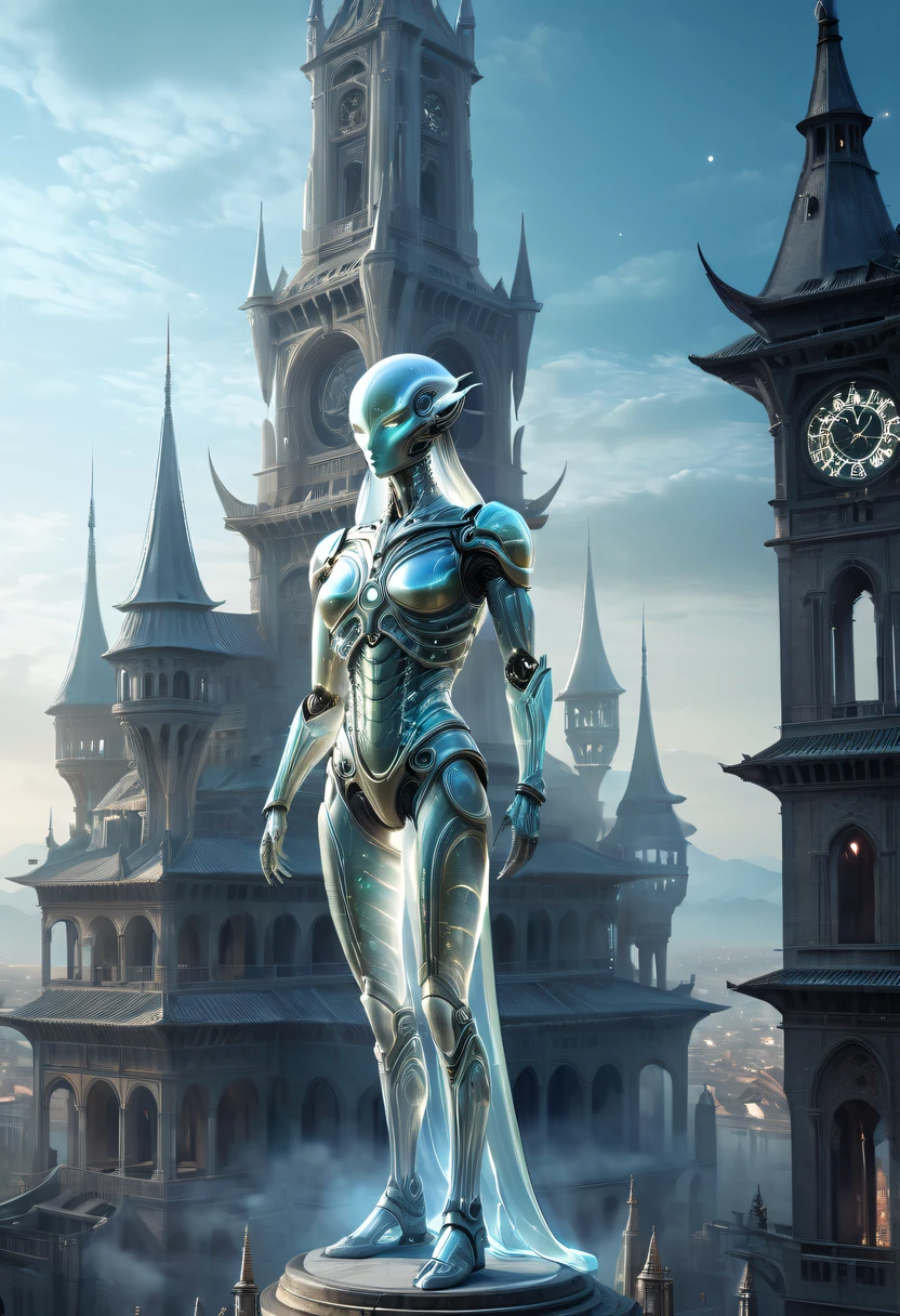 Translucent ethereal alien warrior，Spectacular high-tech space landscape,The integration of future technology and medieval cities,Medieval ancient palace,Medieval ancient bell tower,medieval antiquity,Translucent ethereal alien warrior，model shoot style, (extremely detaild的 CG unified 8k wallpapers), The beauty of abstract style,，hyper realisitc, 8K, super detailing, Best quality at best, Award-Awarded, Anatomically correct, 16k, super detailing