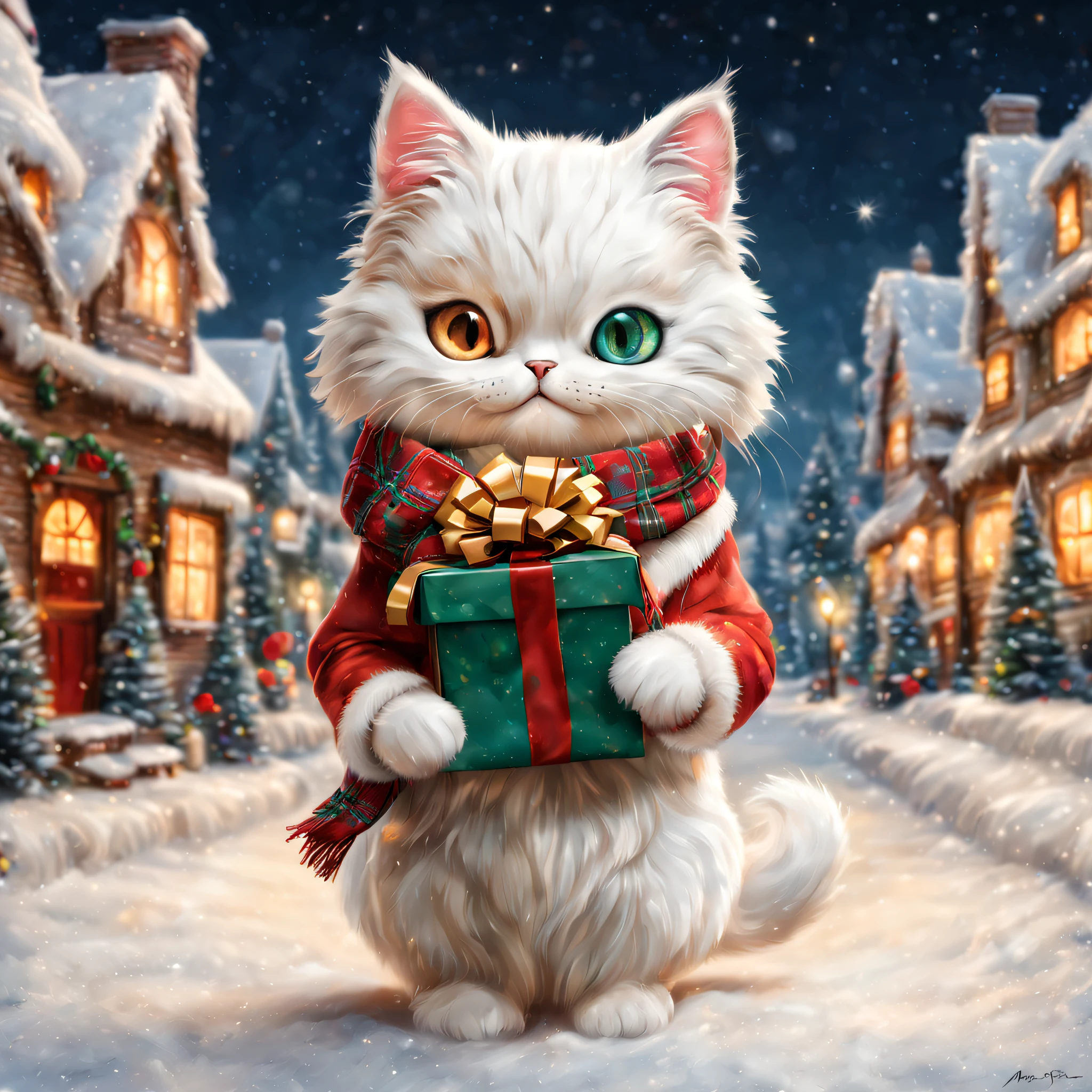 (Minuet with a scarf),holding a gift box in hand,Christmas Town,Winter coat,cute little,masterpiece,top-quality,Fluffy cat,Christmas Town,illuminations,Christmas tree,Santa's Hat,cute little,F,A delightful,tre anatomically correct,,photoRealstic,Cats,minuet,odd eye