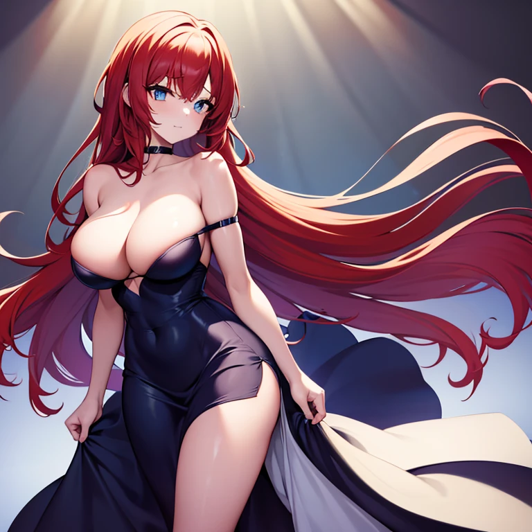 1 girl, solo, long wavy hair, vibrant fiery red hair, hazey blue eyes, skinny, flirtatious curves, gigantically large breasts, 2 breasts, 5'4", anime girl, no bra, standing, powder blue dress featuring thin straps, a subtle neckline, enhancing the collarbone, and flows into a silhouette that elegantly complements the wearer's figure. Strappy black heels. Dress straps sliding down her arms causing her breasts to be completely naked. Posing seductively inviting the viewer in.