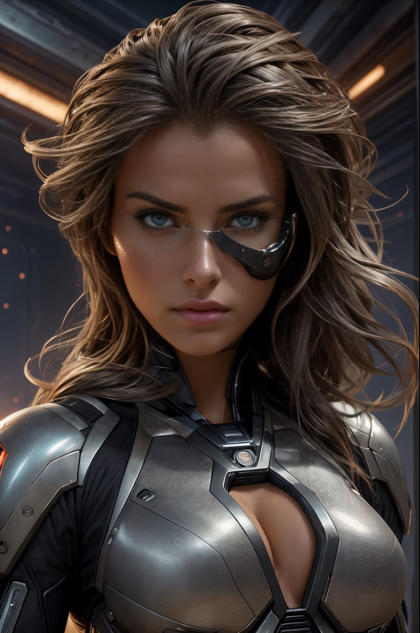 female futuristic worrier, a weathered look create an aura of survival and resilience. jaw-dropping beauty, jaw dropping beauty, attractive face and body, attractive woman, a gorgeous brunette, beautiful girl, lovely woman, gorgeous woman, gorgeous beautiful woman, beautiful woman, beautiful body and face, beautiful detailed body and face, a beautiful young woman, cleavage,