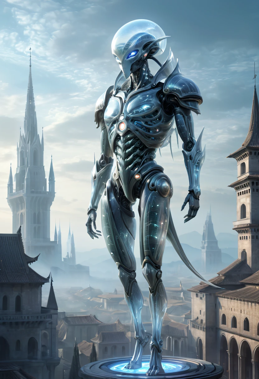 Translucent ethereal alien warrior,Spectacular high-tech space landscape,The integration of future technology and medieval cities,Medieval ancient palace,Medieval ancient bell tower,medieval antiquity,Translucent ethereal alien warrior,model shoot style, (extremely detaild的 CG unified 8k wallpapers), The beauty of abstract style,,hyper realisitc, 8K, super detailing, Best quality at best, Award-Awarded, Anatomically correct, 16k, super detailing