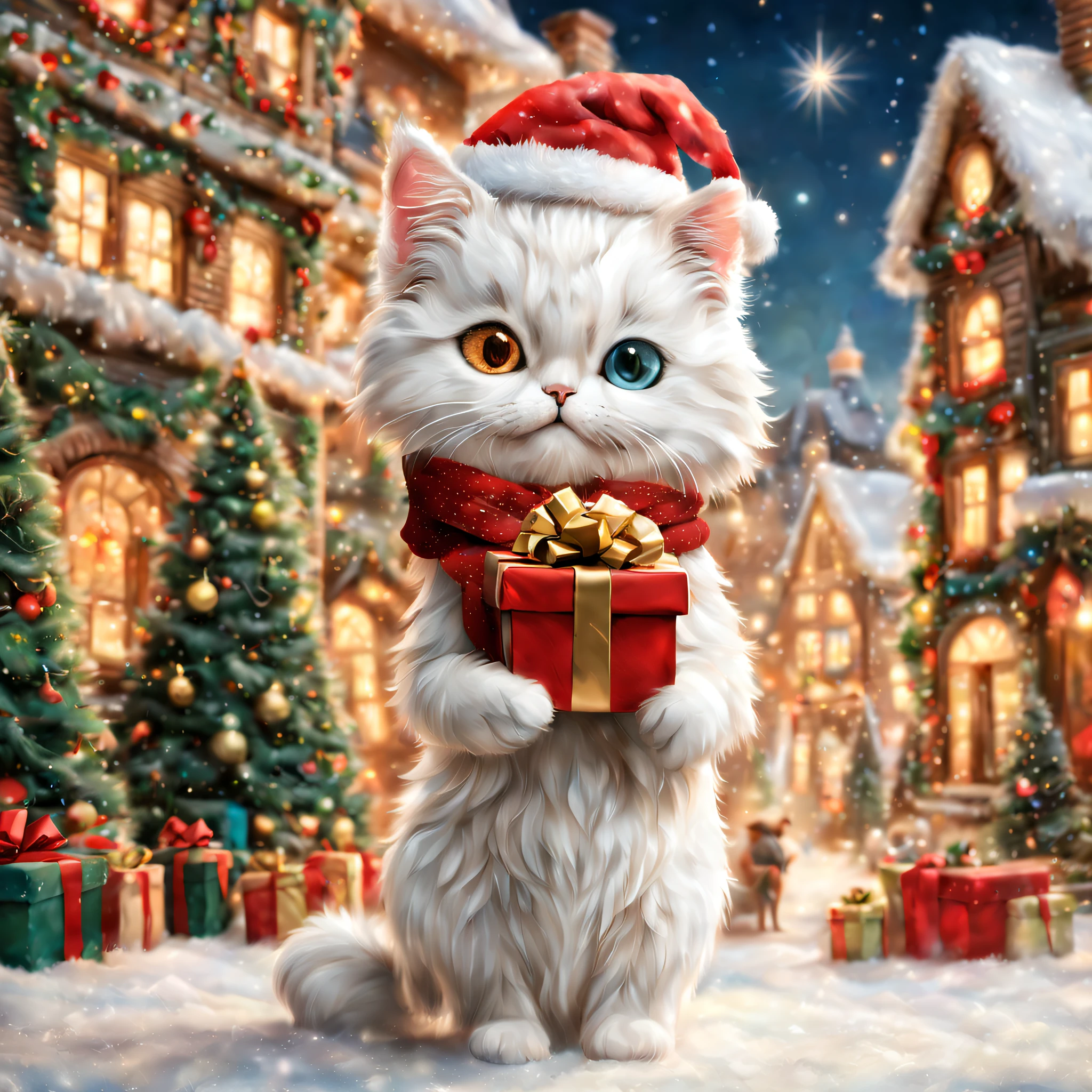 (Minuet with a scarf),holding a gift box in hand,Christmas Town,is standing,cute little,​masterpiece,top-quality,Fluffy cat,Christmas Town,illuminations,Christmas tree,Santa's Hat,cute little,F,A delightful,tre anatomically correct,,photoRealstic,Cats,minuet,odd eye