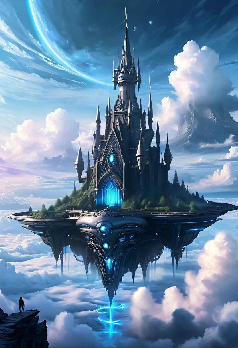 (Translucent ethereal alien warrior:1.5),Above the clouds,Interstellar voyage,Huge high-tech floating Gothic castle,Above the clouds,Huge mobile Gothic castle,Floating Gothic castle,(Sea of Clouds:1.3),Futuristic alien warrior futuristic floating castle and futuristic futuristic floating castle background, inspired by Marek Okon, Beautiful sci-fi art, Sci-fi digital art illustration, Digital Cyberpunk Art, science fiction digital painting, futuristic digital painting, futuristic concept art, Sci-fi floating castle landscape ahead, science fiction digital art, Advanced digital cyberpunk art, Amazing cyberpunk alien warrior