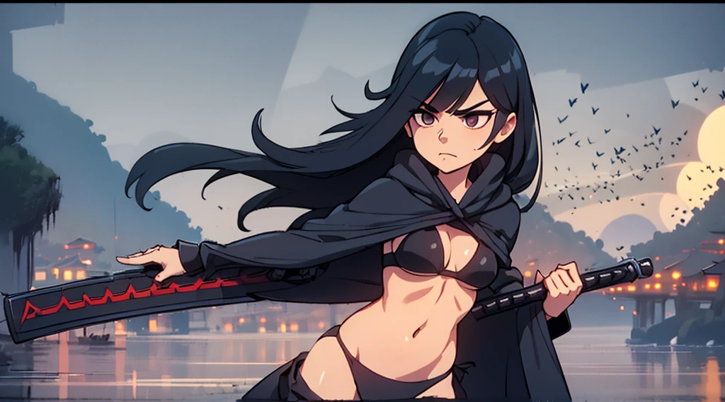 girl, long black hair, ((show underwear)), black bikini, black skirt, black cloak, samurai sword, gun, sexy pose, big moon, dramatic landscape
