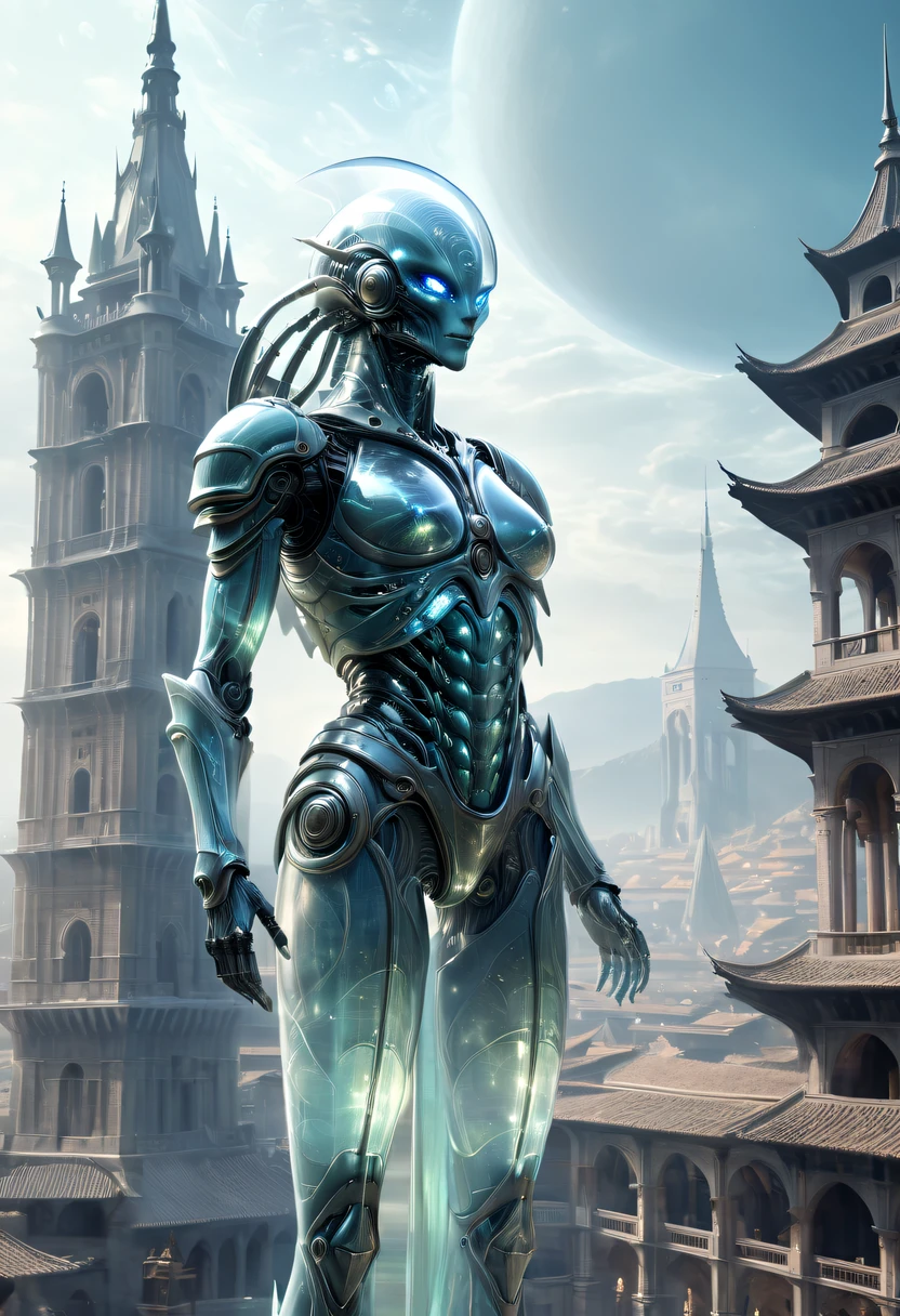 Translucent ethereal alien warrior，Spectacular high-tech space landscape,The integration of future technology and medieval cities,Medieval ancient palace,Medieval ancient bell tower,medieval antiquity,Translucent ethereal alien warrior，model shoot style, (extremely detaild的 CG unified 8k wallpapers), The beauty of abstract style,，hyper realisitc, 8K, super detailing, Best quality, Award-Awarded, Anatomically correct, 16k, super detailing