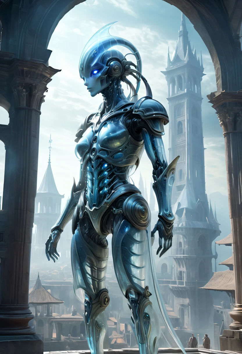 Translucent ethereal alien warrior，Spectacular high-tech space landscape,The integration of future technology and medieval cities,Medieval ancient palace,Medieval ancient bell tower,medieval antiquity,Translucent ethereal alien warrior，model shoot style, (extremely detaild的 CG unified 8k wallpapers), The beauty of abstract style,，hyper realisitc, 8K, super detailing, Best quality, Award-Awarded, Anatomically correct, 16k, super detailing