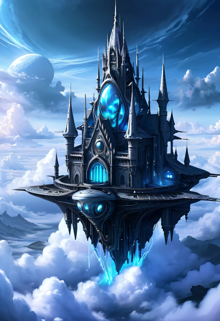 (Translucent ethereal alien warrior:1.5)，Above the clouds，Interstellar voyage，Huge high-tech floating Gothic castle，Above the clouds，Huge mobile Gothic castle，Floating Gothic castle，(Sea of Clouds:1.3)，Futuristic female futuristic floating castle with futuristic futuristic floating castle background, inspired by Marek Okon, Beautiful sci-fi art, Sci-fi digital art illustration, Digital Cyberpunk Art, science fiction digital painting, futuristic digital painting, futuristic concept art, Sci-fi floating castle landscape ahead, science fiction digital art, Advanced digital cyberpunk art, dreamy cyberpunk girl
