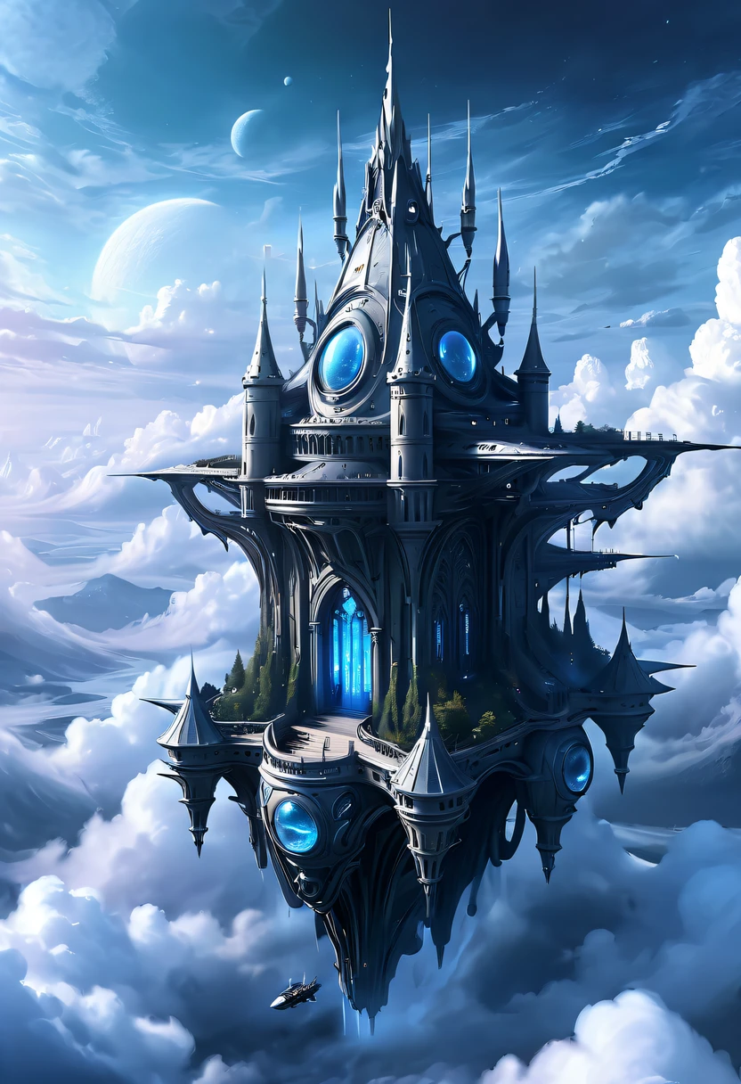 (Translucent ethereal alien warrior:1.5),Above the clouds,Interstellar voyage,Huge high-tech floating Gothic castle,Above the clouds,Huge mobile Gothic castle,Floating Gothic castle,(Sea of Clouds:1.3),Futuristic female futuristic floating castle with futuristic futuristic floating castle background, inspired by Marek Okon, Beautiful sci-fi art, Sci-fi digital art illustration, Digital Cyberpunk Art, science fiction digital painting, futuristic digital painting, futuristic concept art, Sci-fi floating castle landscape ahead, science fiction digital art, Advanced digital cyberpunk art, dreamy cyberpunk girl