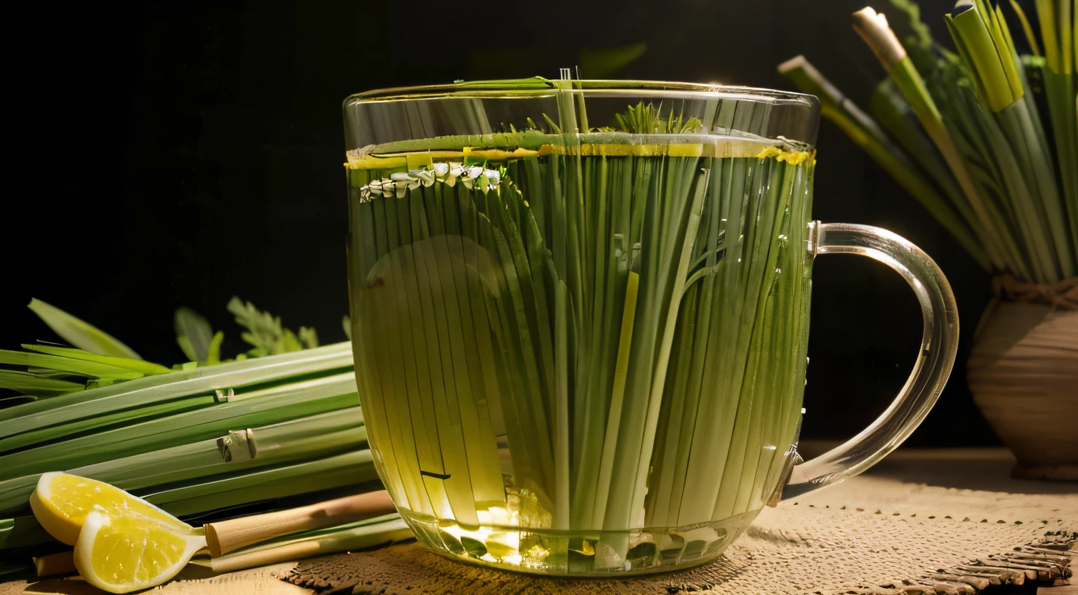 Imagem de (((LEMONGRASS TEA))), sendo colocado em copos transparentes, showing some ingredients of the composition of some leaves inside the cups. I really want clarity with every possible detail in this image.