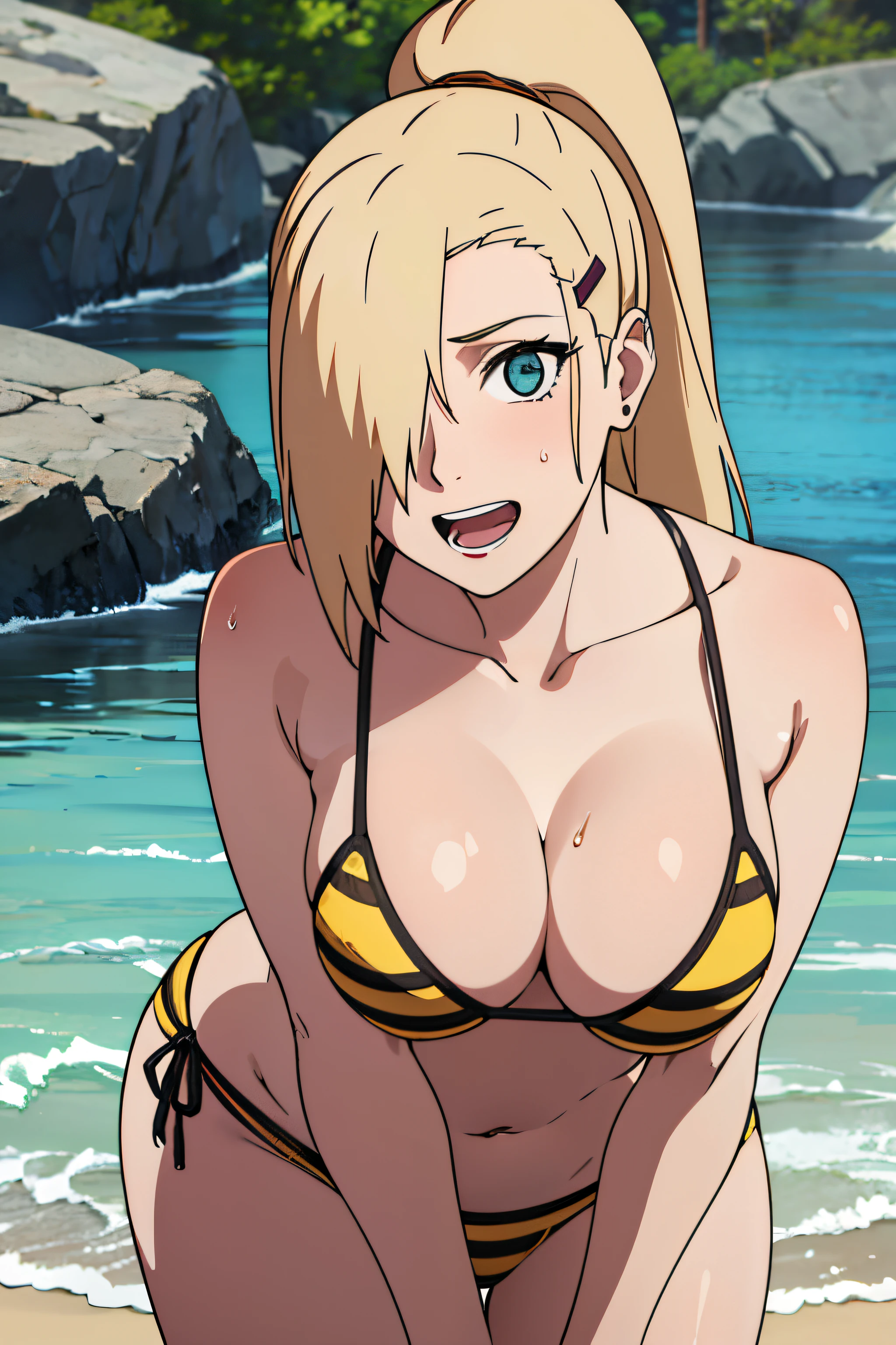 Ino yamanaka, cowboy shot, ultra detailed face, sunny day, day time, upper body view, anime style, solo, (yellow bikini with black stripes only), detailed beach side, cleavage, medium breasts, blonde, ((one eye covered with hair, hair over eye)), looking at the viewer, thick arms, off-shoulders, hidden eye, long belly, smile, open mouth, very happy, tall, hair clip, sharp look, sharp face, sharp eye, long neck, groin, drenched in sweat, (hands on knees, leaning forward)