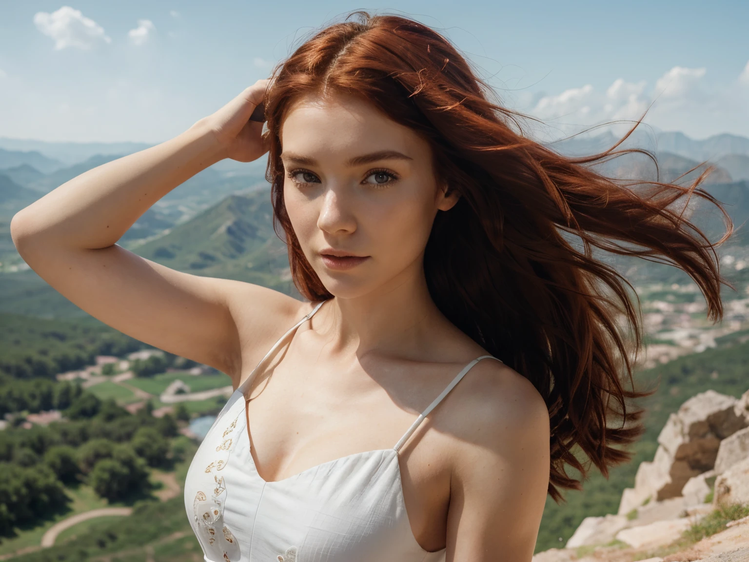 red hair, perfect body, wearing thin dress, flowy dress, white dress, strong wind, on a mountain^, perfect face, beautiful detailed face, masterpiece, 4k