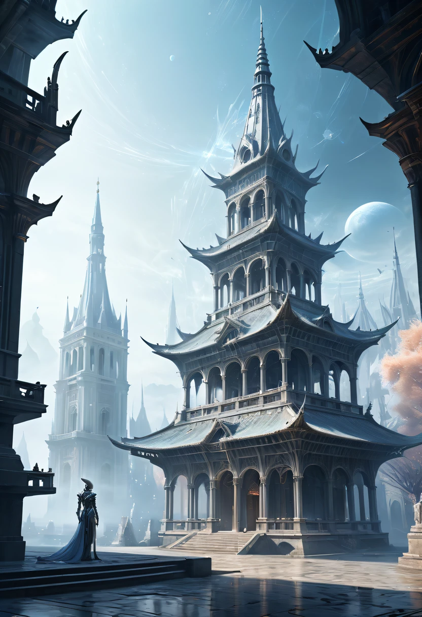 Translucent ethereal alien warrior,Spectacular high-tech space landscape,The integration of future technology and medieval cities,Medieval ancient palace,Medieval ancient bell tower,medieval antiquity,Translucent ethereal alien warrior,model shoot style, (extremely detaild的 CG unified 8k wallpapers), The beauty of abstract style,,hyper realisitc, 8K, super detailing, Best quality at best, Award-Awarded, Anatomically correct, 16k, super detailing