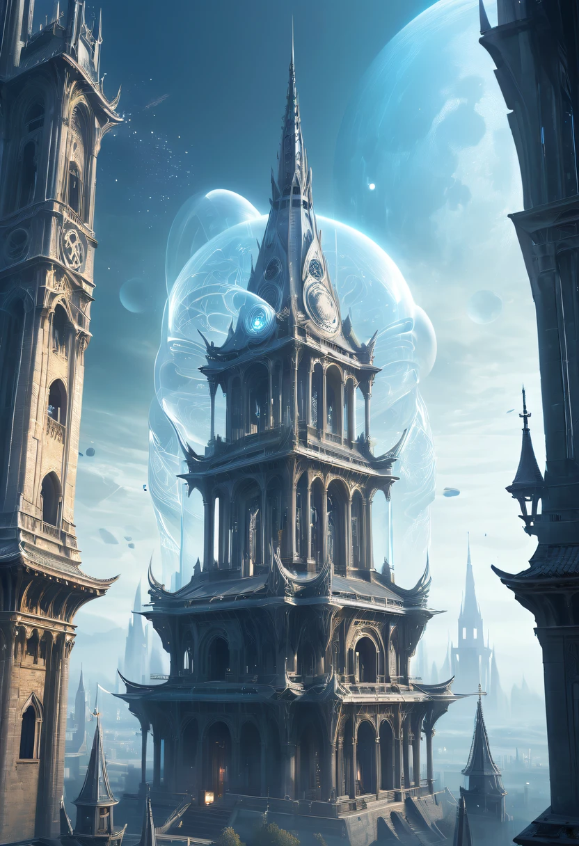 Translucent ethereal alien warrior，Spectacular high-tech space landscape,The integration of future technology and medieval cities,Medieval ancient palace,Medieval ancient bell tower,medieval antiquity,Translucent ethereal alien warrior，model shoot style, (extremely detaild的 CG unified 8k wallpapers), The beauty of abstract style,，hyper realisitc, 8K, super detailing, Best quality at best, Award-Awarded, Anatomically correct, 16k, super detailing