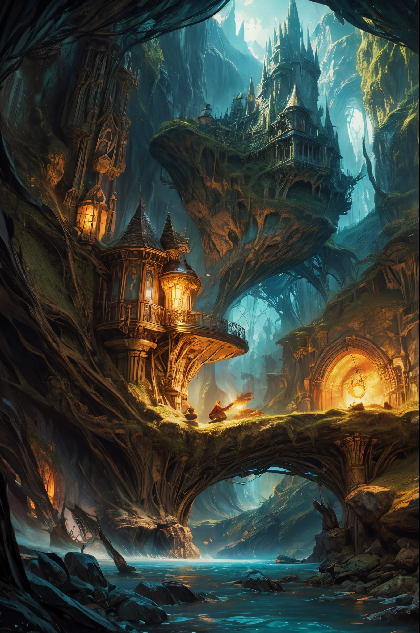 "Digital art, ((fantasy)) illustration, girl in a vibrant hobbit cave, floating books, surreal clock melting into the scene, ((whimsical)), detailed, magical, ((dream-inspired))"
