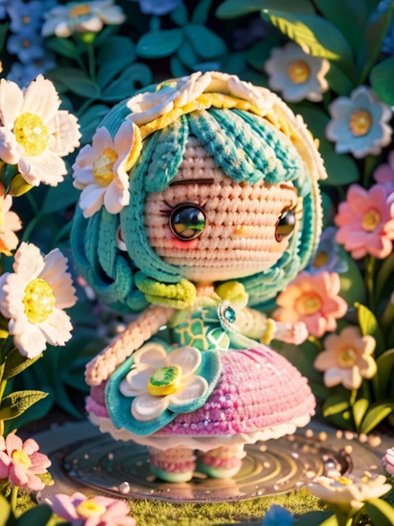 ((The cute power puff girl illustration drawn)), largeeyes, Round eyes, eyes glowing, (beautiful garden background, x-files, alien abduction, dark neon lights. bathed in light, The floor with sparkling jewels. The light of diamonds and the light of emeralds spread out beautifully like stars.