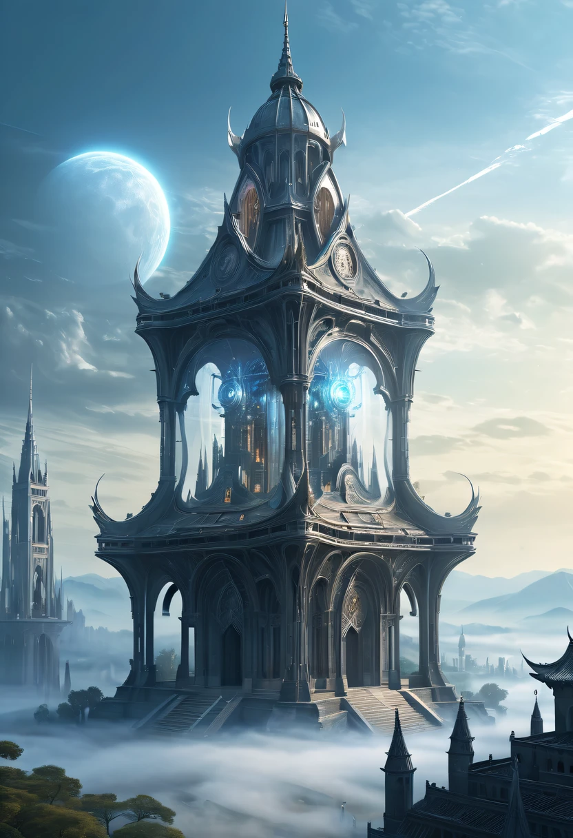 Translucent ethereal alien warrior，Spectacular high-tech space landscape,The integration of future technology and medieval cities,Medieval ancient palace,Medieval ancient bell tower,Translucent ethereal alien warrior，model shoot style, (extremely detaild的 CG unified 8k wallpapers), The beauty of abstract style,，hyper realisitc, 8K, super detailing, Best quality, Award-Awarded, Anatomically correct, 16k, super detailing