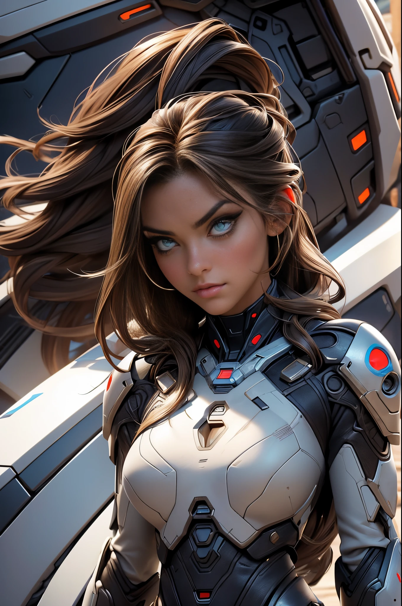 female futuristic worrier, a weathered look create an aura of survival and resilience. jaw-dropping beauty, jaw dropping beauty, attractive face and body, attractive woman, a gorgeous brunette, beautiful girl, lovely woman, gorgeous woman, gorgeous beautiful woman, beautiful woman, beautiful body and face, beautiful detailed body and face, a beautiful young woman, cleavage,