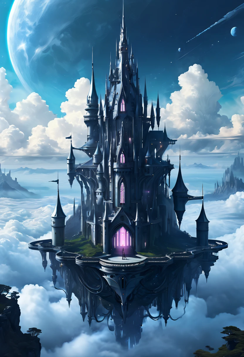 Above the clouds，Interstellar voyage，Huge high-tech floating Gothic castle，Above the clouds，Huge mobile Gothic castle，Floating Gothic castle，(Sea of Clouds:1.3)，Futuristic female futuristic floating castle with futuristic futuristic floating castle background, inspired by Marek Okon, Beautiful sci-fi art, Sci-fi digital art illustration, Digital Cyberpunk Art, science fiction digital painting, futuristic digital painting, futuristic concept art, Sci-fi floating castle landscape ahead, science fiction digital art, Advanced digital cyberpunk art, dreamy cyberpunk girl