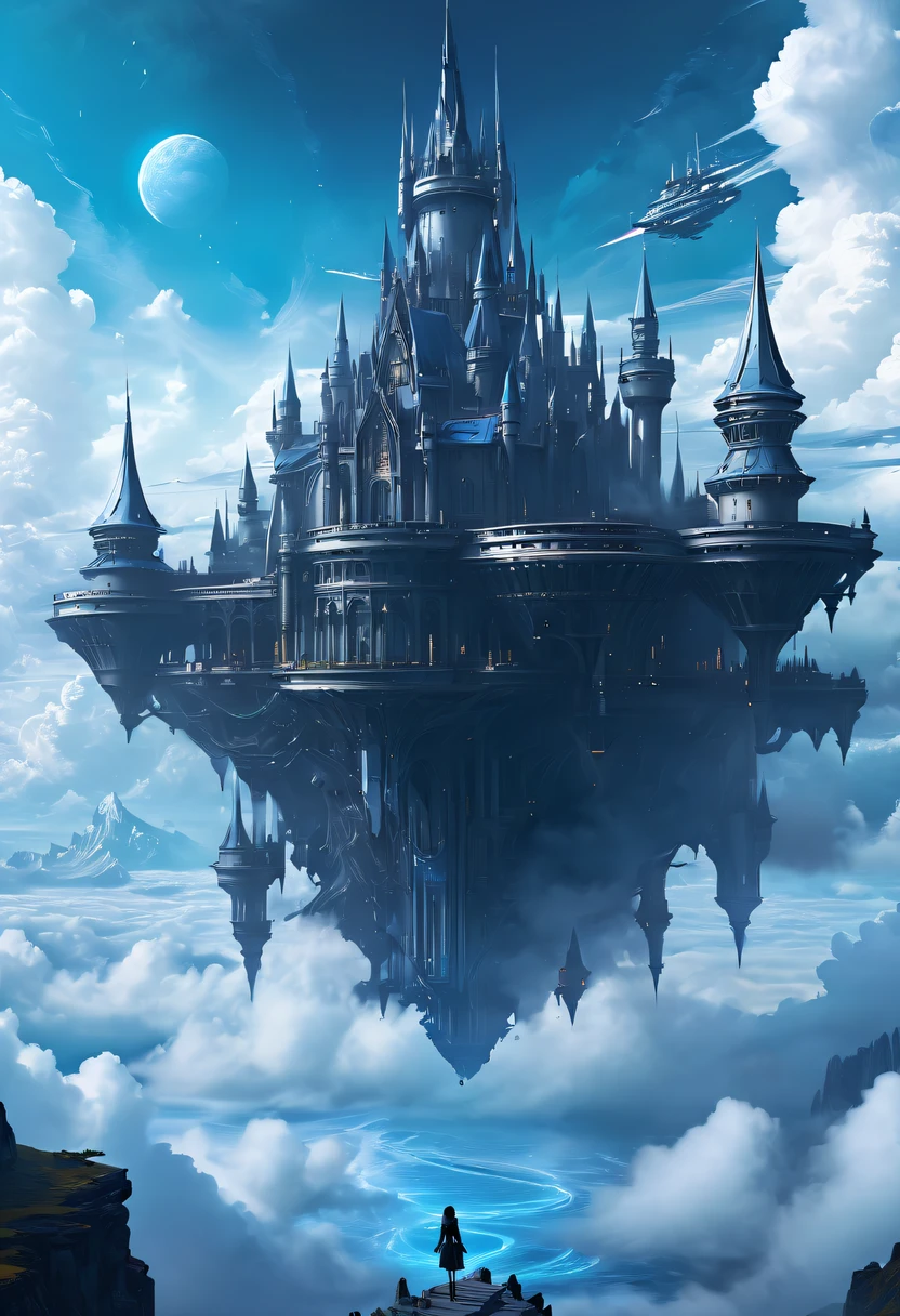 Above the clouds,Interstellar voyage,Huge high-tech floating Gothic castle,Above the clouds,Huge mobile Gothic castle,Floating Gothic castle,(Sea of Clouds:1.3),Futuristic female futuristic floating castle with futuristic futuristic floating castle background, inspired by Marek Okon, Beautiful sci-fi art, Sci-fi digital art illustration, Digital Cyberpunk Art, science fiction digital painting, futuristic digital painting, futuristic concept art, Sci-fi floating castle landscape ahead, science fiction digital art, Advanced digital cyberpunk art, dreamy cyberpunk girl